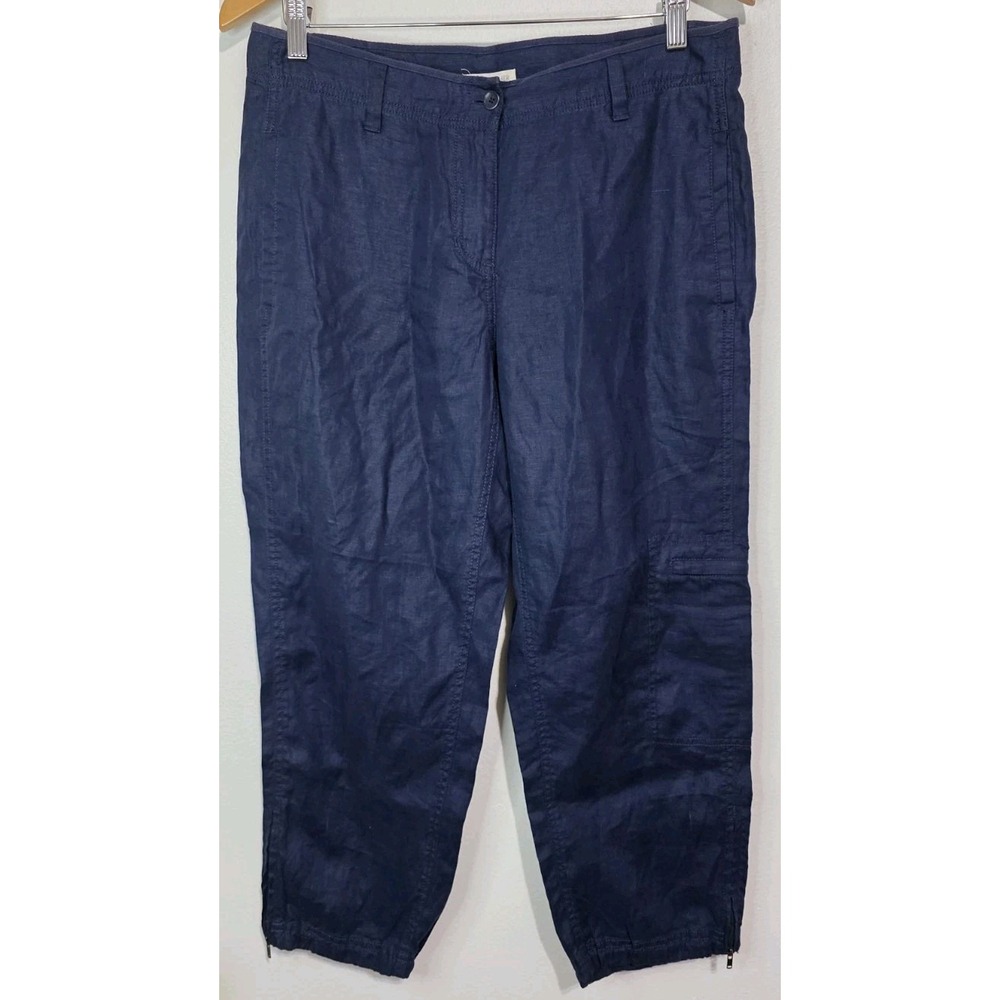 Eileen Fisher Linen Cropped Cargo Pant Navy Women S Zip Ankle Coastal Beach EUC‎